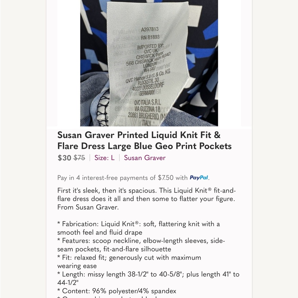 Susan Graver Printed Liquid Knit Fit & Flare Dress Large Blue Geo Print EUC - Picture 8 of 8